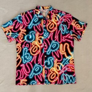 Vibrant Neon Letters Graphic Button Up Short Sleeved Shirt Men's Size XL